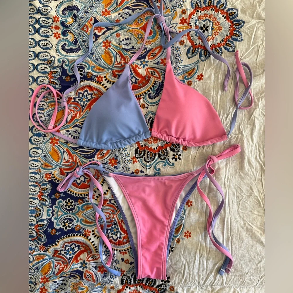Pink and Purple Color Block Bikini Set Size S - Picture 1 of 3
